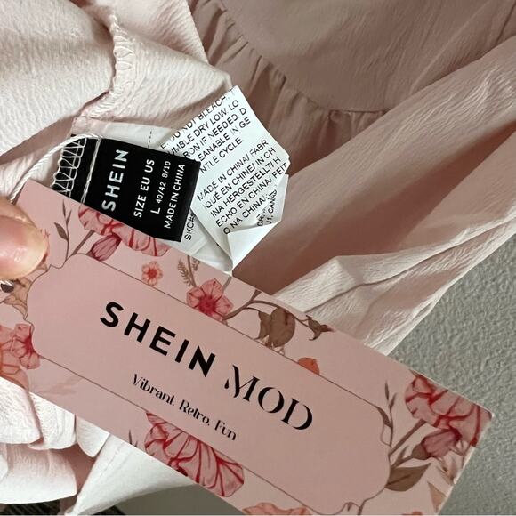 NWT Shein Mod Light Pink Pinafore Pin Up Dress Halter Tie Back Smocking Midi L - Picture 4 of 7